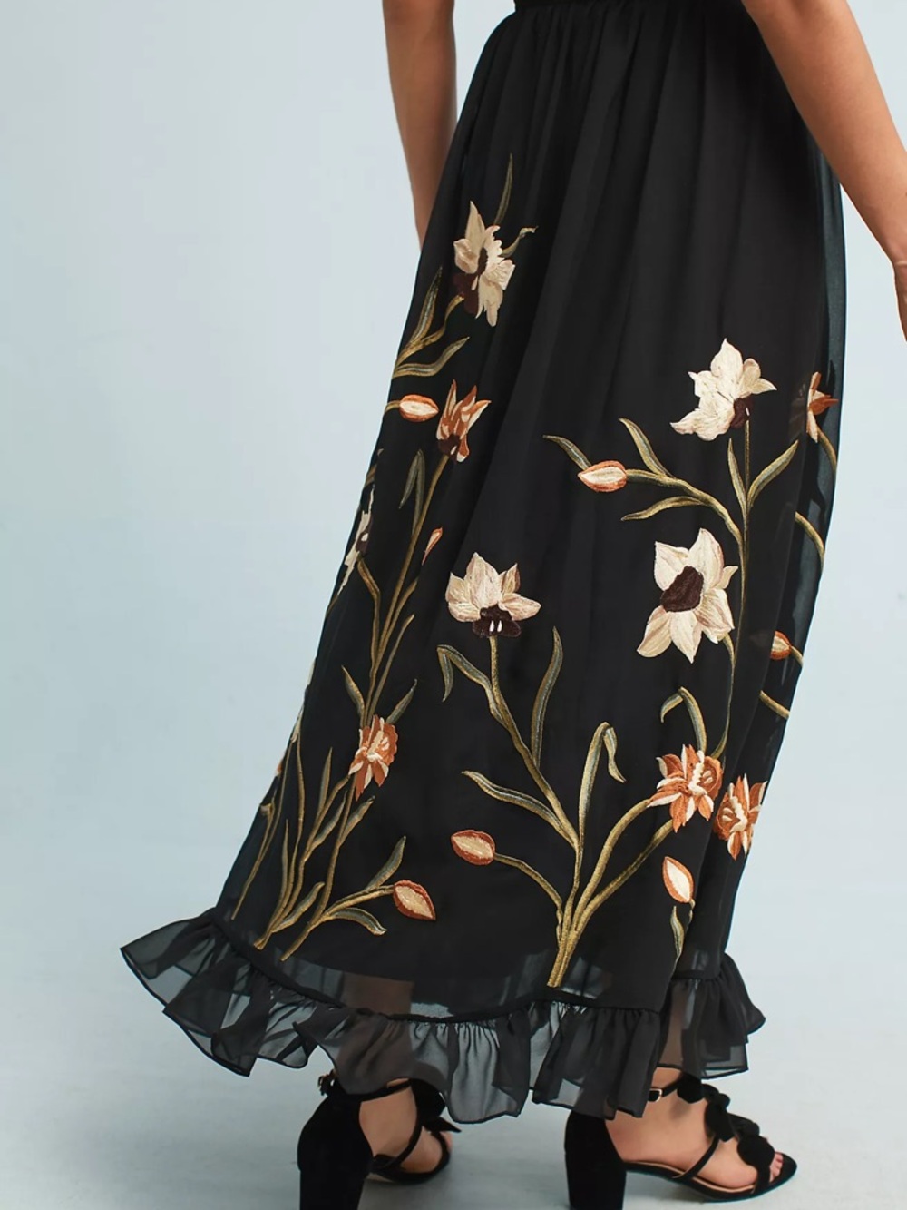 Anthropologie Black Maxi Skirt with Floral Embroidery